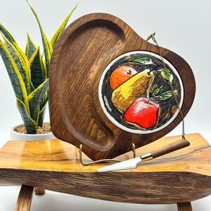 Fred Press Rubel Serv Wood Cheese Board Heart Fruit Tile Knife Vintage 562 Japan